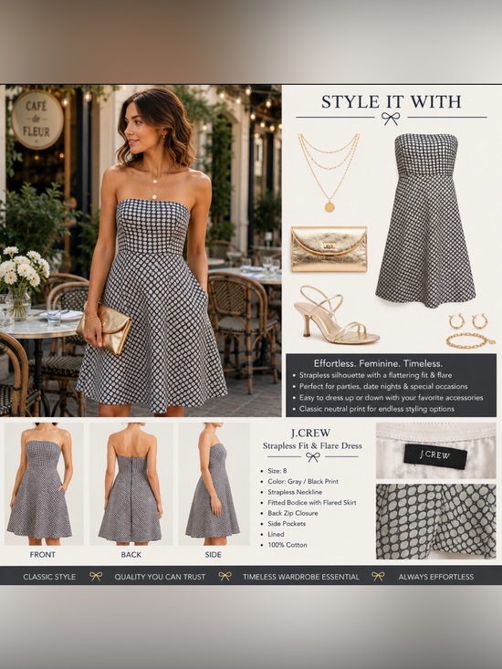 J. Crew Dresses & Skirts - J.Crew Strapless Fit & Flare Midi Dress Black Ivory Print |Classic Preppy | Sz 6